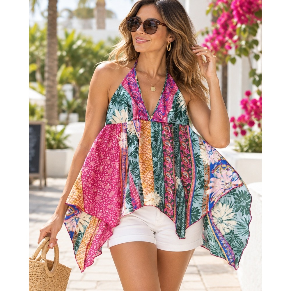 Silence + Noise Mixed Print Patchwork Halter Top Handkerchief Hem Large
